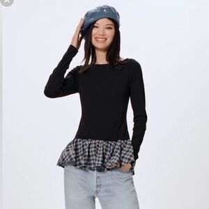 Maeve Black Long-Sleeve Peplum Top with Plaid Hem. Medium 
Color Blue plaid